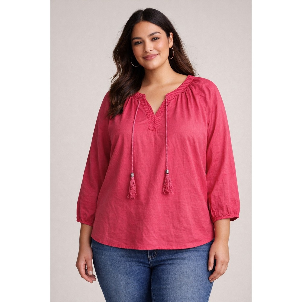 Ellos Pink Boho Tassel Blouse Size 22 Cotton Viscose Peasant Top